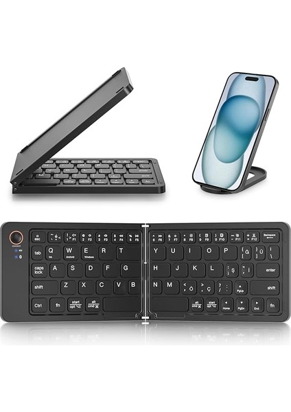 Mini Katlanabilir Bluetooth Klavye Taşınabilir ve Telefon Standı iPhone ile Uyumlu iPad ile Uyumlu Mac ile Uyumlu Android Windows ile Uyumlu Ultra Ince Alüminyum Seyahat Katlanır Siyah Z671