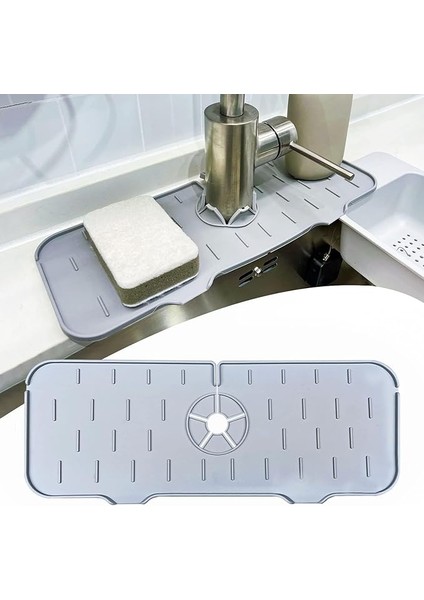 Musluk Sıçrama Önleyici Ped, Gri Su Tutucu Mat, Mutfak ve Banyo Tezgahı & Fayans Koruyucu, Lavabo Kenarı Için Kaymaz Musluk Kapağı, Damlama Engelleyici Ped, 37 * 14 cm