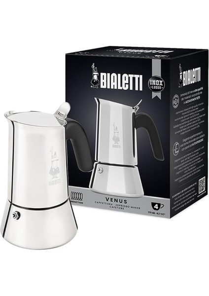- Venus: 4 Cups Ocak Üstü Espresso Pişirici - 170ML - Gümüş Renk - Paslanmaz Çelik Gövde - Patentli Güvenlik Valfi - Tüm Ocak Türleri Için Uygundur (Indüksiyon Dahil)