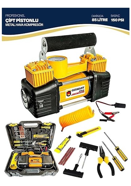 Germany Stlye 2 Ton Timsah Kriko ve 150 Psı Çift Piston Çakmaklı Kompresör Lastik Tamir Kiti Hediyeli fiyatları