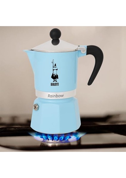 - Rainbow: 3 Cups Ocak Üstü Espresso Pişirici - 130ML - Açık Mavi Renk - Alüminyum Gövde - Patentli Güvenlik Valfi - Tüm Ocak Türleri Için Uygundur (Indüksiyon Hariç) modelleri