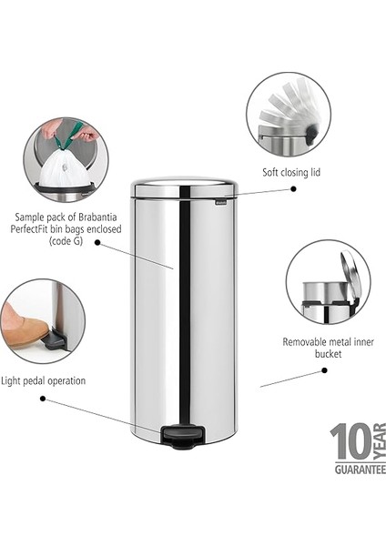 Pedallı-Çöp Kutusu Iç Kova ile Metal, Plastik Metal, Glänzender Stahl, 30 Liter fiyatları