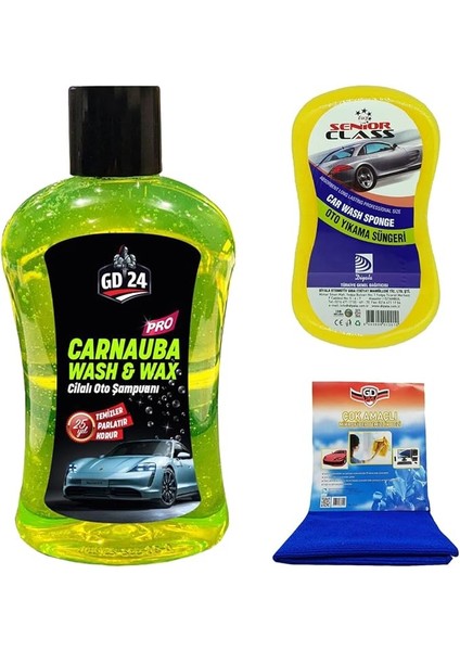 24 Carnauba Cilalı Oto Şampuanı (1 Lt) + Mikrofiber Bez + Sünger