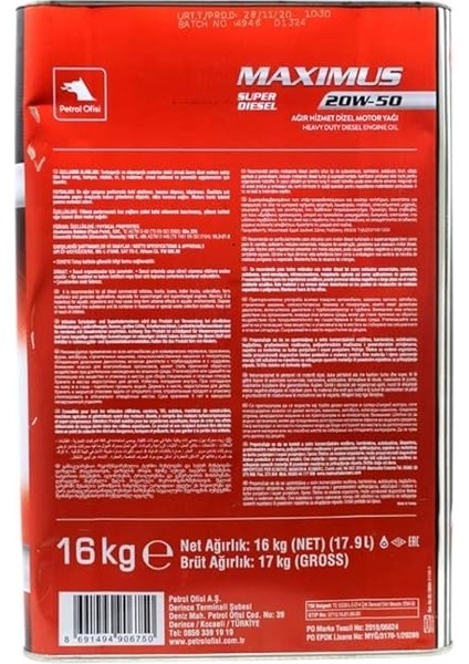 Petrol Ofisi Maximus Super Diesel 20W/50 16 kg Dizel Motor Yağı modelleri