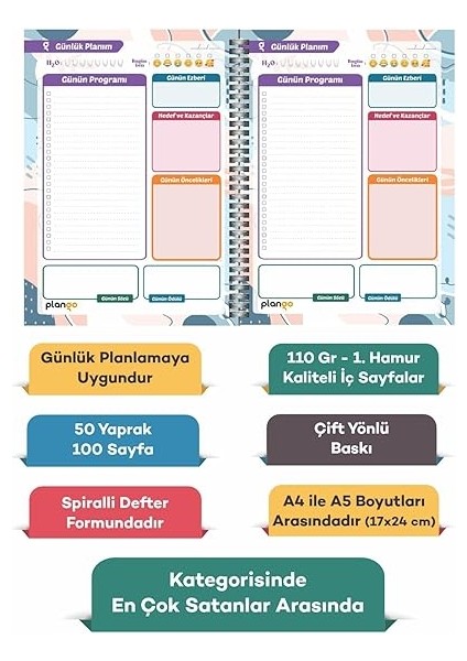 Turkuaz Kareler Günlük Planlayıcı Defter, 17X24 Cm, 100 Sayfa, Spiralli fiyatları