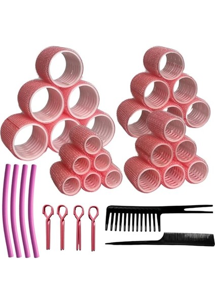 1256 Pembe 56 Parça Saç Bigudisi Seti - Tüm Saç Tipleri Için Saç Kıvırıcıları, 4 Boy, Klips, Tarak ve Sünger Rulo Dahil, Isısız Bukleler ve Hacimli Stiller Için Mükemmel