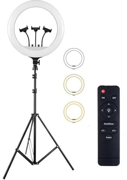 Youtuber Selfie LED Işıklı Hq-18 Halka 18 Inch Selfie/yayıncı/makyaj Işığı 210 cm Tripod 3 Telefon Tutuculu Kumandalı 3 Farklı Ayarlanabilir Işık Çift USB Girişli fiyatları
