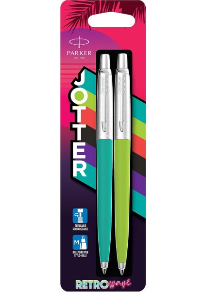 Jotter Originals Tükenmez Kalemler | Retrowave Koleksiyonu | Karayip Mavisi ve Elma Yeşili | Mavi Mürekkep | Orta Nokta | 2 Adet