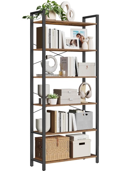 Kitaplık, 6 Katlı Raf, Çelik Çerçeveli Yüksek Rustik Raf, Oturma Odası, Ofis, Çalışma Odası, Koridor, Endüstriyel Tarz, 80 x 30 x 186 Cm, Rustik Kahverengi ve Siyah LLS082B01