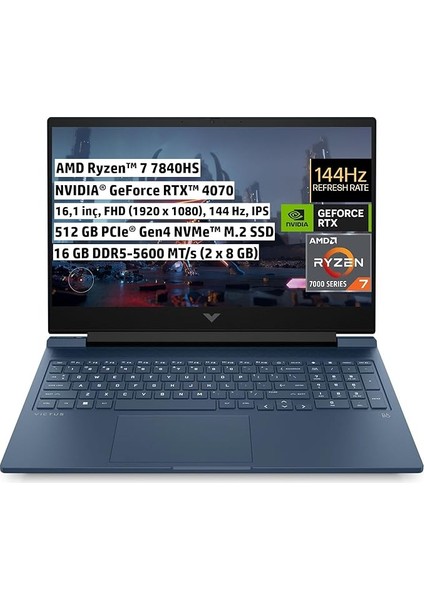 Victus Gaming Dizüstü Bilgisayar, 16,1 Inç 144 Hz Fhd Ips, Amd Ryzen 7-7840HS, 16 GB Ram, 512 GB Ssd, Nvıdıa Geforce Rtx 4070, Freedos, Performans Mavi, 7Z581EA