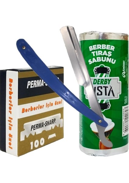 Berber Jileti 100'LÜ Paket, Derby Usta 75G Tıraş Sabunu, Ali Bıyıklı Ustura Seti