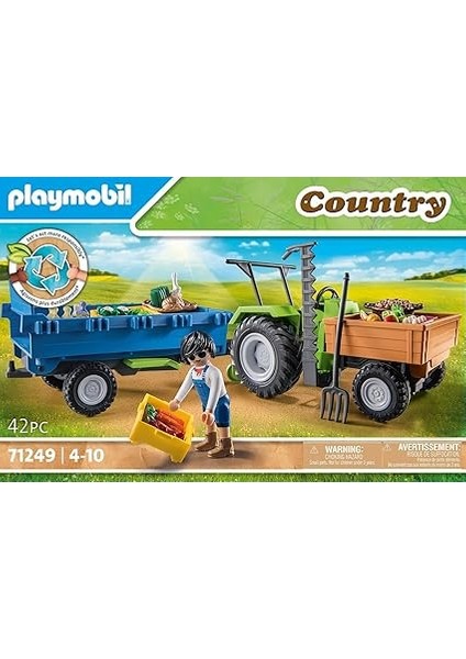 Country 71249 Römorklu Traktör, Taşıma Kutuları Dahil, Organik Çiftlik Için Yeşil Traktör, 4 Yaşından Büyük Çocuklar Için Sürdürülebilir Oyuncak indirimleri