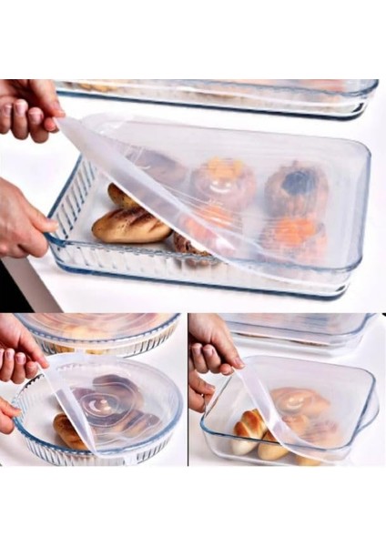 Streç Gıda Örtüsü Seti, 3 Paket, Dikdörtgen 40X27 Cm, Kare 32X28 cm ve 26X23 Cm, Yuvarlak 32 cm ve 26 Cm, Şeffaf