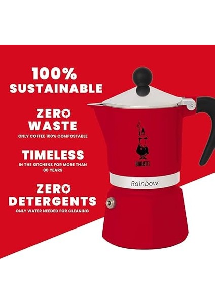 - Rainbow: 3 Cups Ocak Üstü Espresso Pişirici - 130ML - Kırmızı Renk - Alüminyum Gövde - Patentli Güvenlik Valfi - Tüm Ocak Türleri Için Uygundur (Indüksiyon Hariç) indirimleri