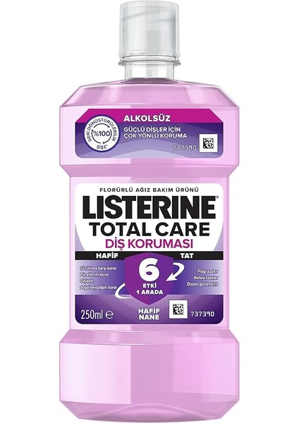 Total Care, Diş Koruyucu, 6 Etkili Florürlü Ağız Bakım Ürünü, Hafif Tat, Sıfır Alkol, Nane Aromalı, 250ML