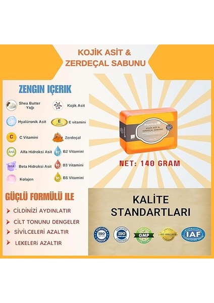 Kojik Asit & Zerdeçal Sabunu 2 Adet x 140 gr Leke ve Sivilce Karşıtı Kojic Acid - Kolajen - Aha Bha - C Vitamini - Hyaluronic Acid - Shea Butter Yağı Içerikli Aydınlatıcı Sabun modelleri