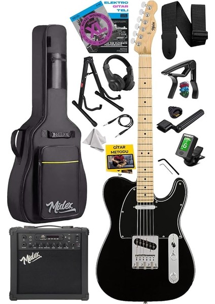 TLX-50BK-25AMP Tele Kasa Maple Klavye 2 Single-Coil 25W Amfili Elektro Gitar
