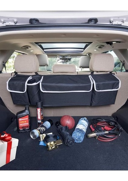 Araba Bagaj Organizer – Koltuk Arkası Askılı Oto Düzenleyici, 4 Bölmeli Dayanıklı Depolama Çantası, Siyah (90X25X12 Cm)
