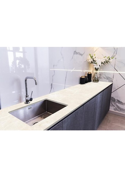 Tezgah Üstü Fayans Kaplama Folyosu Mutfak Tezgahı Kaplama Fildişi Mermer Doku 70 cm x 1 Metre