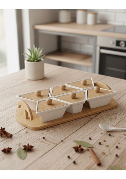 Çok Amaçlı Lüks 6'lı Porselen Set | Hem Ahşap Kapaklı Baharatlık Hem Şık Kahvaltı Sunumluk