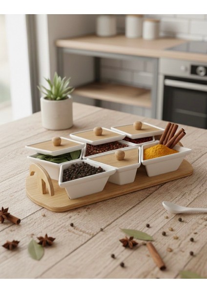 Çok Amaçlı Lüks 6'lı Porselen Set | Hem Ahşap Kapaklı Baharatlık Hem Şık Kahvaltı Sunumluk fiyatları