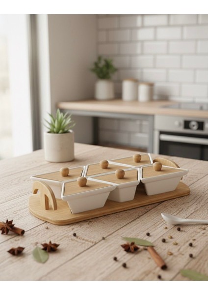 Çok Amaçlı Lüks 6'lı Porselen Set | Hem Ahşap Kapaklı Baharatlık Hem Şık Kahvaltı Sunumluk modelleri