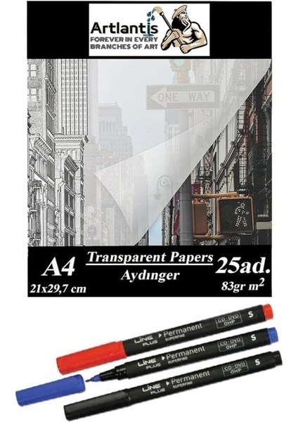 Kağıdı A4 83 gr 25'li 1 Paket Eskiz Kağıdı Lineplus Asetat Kalemi S 0.3 Siyah Kırmızı Mavi