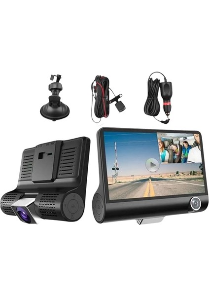 Içi Kamera 4'' LCD Ekran 3 Kameralı 170° Geniş Açı 1080P G-Sensör Gece Görüşlü Uyumlu Yol Kayıt