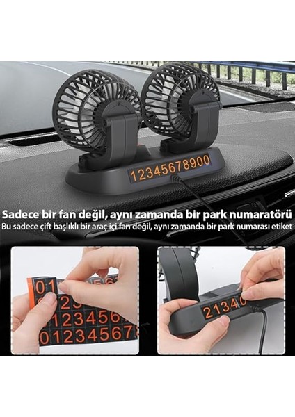 F410 USB Çift Başlıklı Araç Fanı Oto Fan Vantilatör ve Numaratör, Siyah modelleri