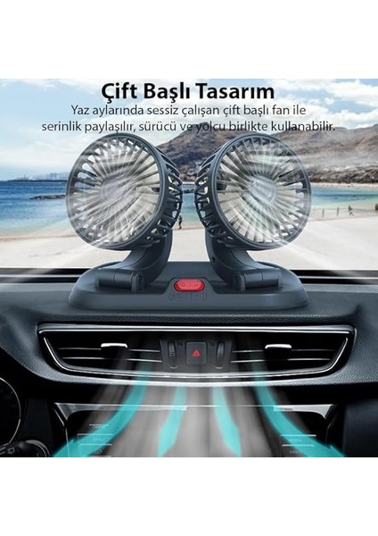 F410 USB Çift Başlıklı Araç Fanı Oto Fan Vantilatör ve Numaratör, Siyah fırsatları