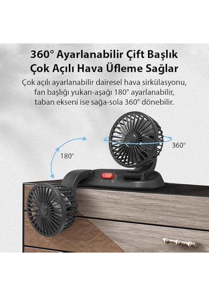 F410 USB Çift Başlıklı Araç Fanı Oto Fan Vantilatör ve Numaratör, Siyah indirimleri