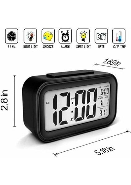 Akıllı Dijital Masa Saati Alarmlı Karanlık Sensörlü Fotoselli - Siyah modelleri