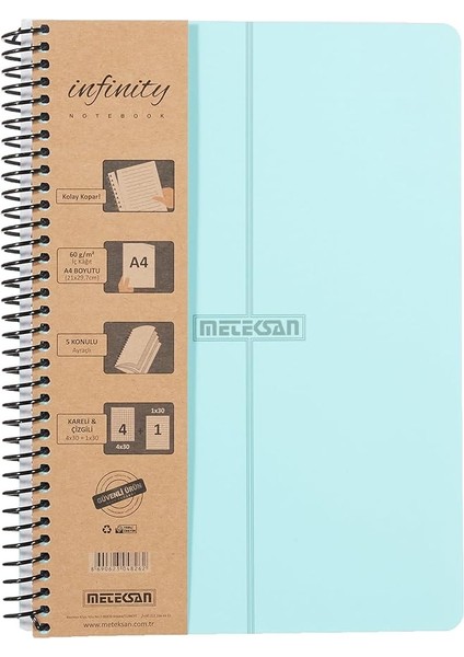 Infinity Pastel Serisi, A4, 5 Konulu (4 Kareli, 1 Çizgili) 150 Yaprak Pp Kapaklı Spiralli Defter, Mavi