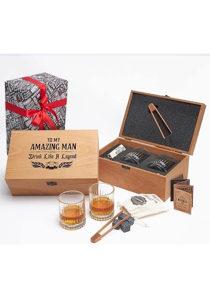 Arkadaşa Hediye Ahşap Kutulu 2'li Glasgow Viski Kadeh Seti + 6 Soğutucu Taş