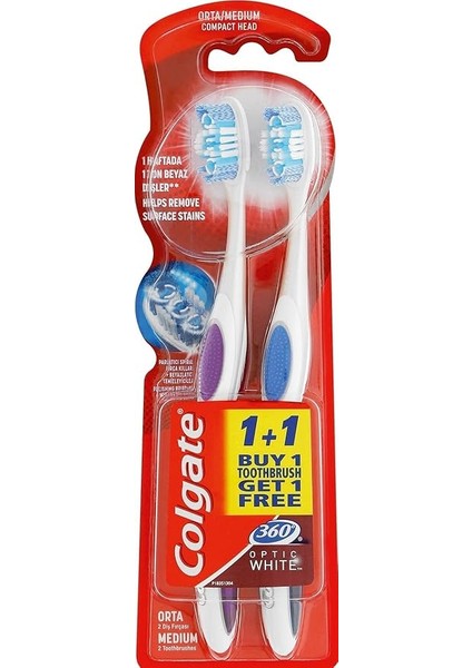 360 Optik Beyaz Dil ve Yanak Temizleyicili Orta Beyazlatıcı Diş Fırçası 1+1