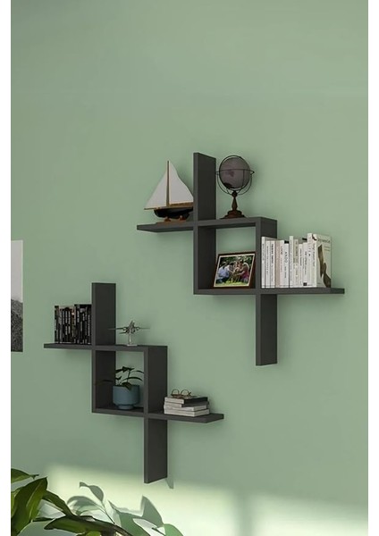 Antrasit 2'li Dekoratif Duvar Rafı - Duvara Monte Kitaplık modelleri