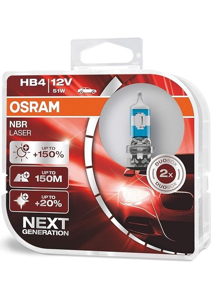 Ampul Night Breaker Laser Hb4 12V 51W%150'YE Kadar Fazla Işık 150M'YE Kadar Fazla Görüş Açısı,%20'ye Kadar Beyaz Işık, Ikili Kutu (2 Lamba) 9006NL/HCB