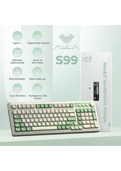 S99 Retro Rgb Gaming 3 Modlu Bluetooth/2.4ghz/usb-C Kablosuz Makrolu Türkçe Q Klavye Yeşil fiyatları