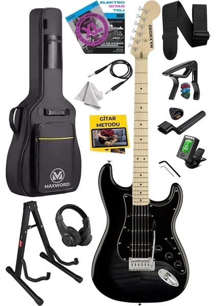 MAP-45BK-ST Siyah Elektro Gitar Seti Hss Manyetik Maple Klavye Strat Kasa
