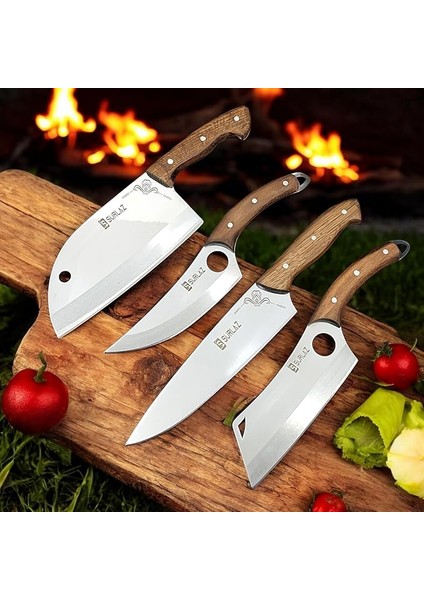 Şef Bıçak Seti 4 Parça Almazan Bıçak Outdoor Bıçakları Hediyelik Bıçak