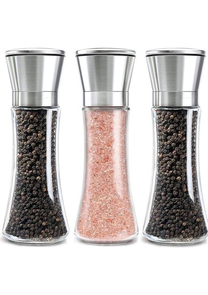 3 Adet Tuz ve Karabiber Değirmeni Seti, 200 ml Manuel Baharat Değirmeni, Ayarlanabilir Öğütücü, Paslanmaz Çelik Başlıklı ve Cam Gövdeli Baharat, Tuz, Karabiber Için