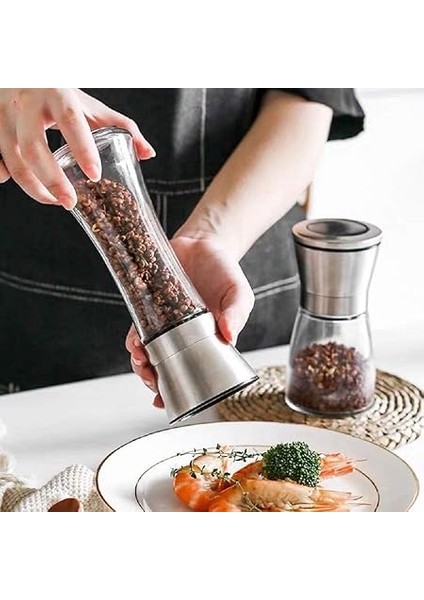 3 Adet Tuz ve Karabiber Değirmeni Seti, 200 ml Manuel Baharat Değirmeni, Ayarlanabilir Öğütücü, Paslanmaz Çelik Başlıklı ve Cam Gövdeli Baharat, Tuz, Karabiber Için modelleri