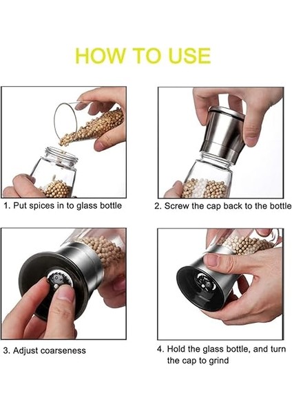 3 Adet Tuz ve Karabiber Değirmeni Seti, 200 ml Manuel Baharat Değirmeni, Ayarlanabilir Öğütücü, Paslanmaz Çelik Başlıklı ve Cam Gövdeli Baharat, Tuz, Karabiber Için fırsatları