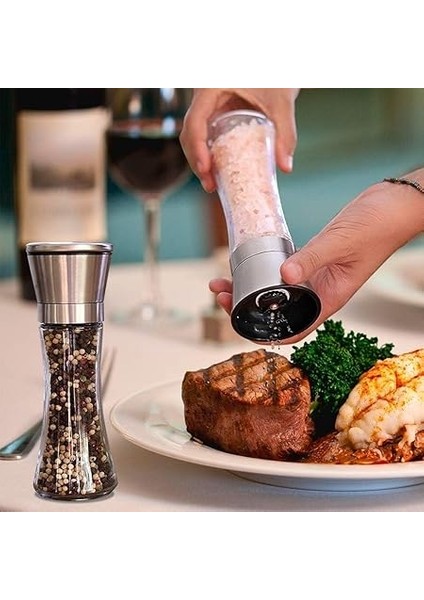 3 Adet Tuz ve Karabiber Değirmeni Seti, 200 ml Manuel Baharat Değirmeni, Ayarlanabilir Öğütücü, Paslanmaz Çelik Başlıklı ve Cam Gövdeli Baharat, Tuz, Karabiber Için indirimleri