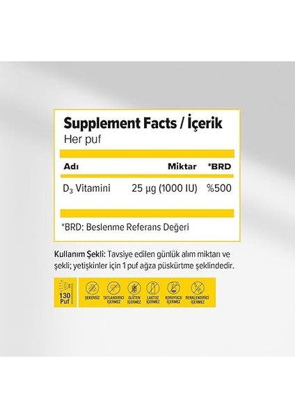 Vitamin D3 1000 Iu 20 ml Sprey 130 Puff, Takviye Edici Gıda fiyatları