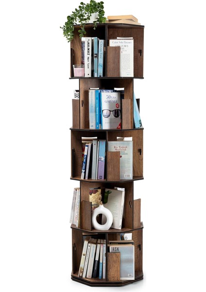 Wood 360° Döner Kitaplık – Modern ve Dekoratif Çok Katmanlı Ahşap Kitap ve Dergi Rafı (Ceviz, 5 Raflı)