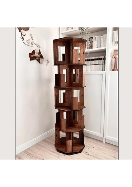 Wood 360° Döner Kitaplık – Modern ve Dekoratif Çok Katmanlı Ahşap Kitap ve Dergi Rafı (Ceviz, 5 Raflı) modelleri