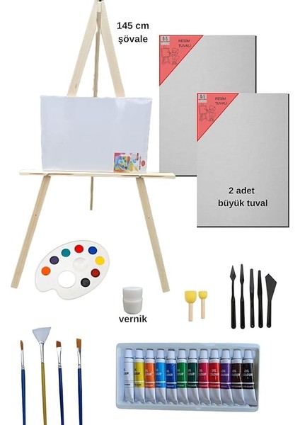 Doğal Seramik Hamuru Yağlı Boya Resim Başlangıç Seti-Şövale, 2 Adet Tuval Seti (Şövalye, Tual Seti)