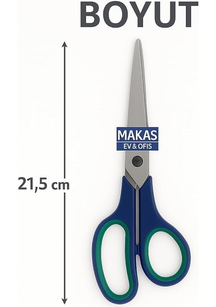 21.5 cm Paslanmaz Çelik Büyük Ofis Makası – Ergonomik Kauçuk Saplı, Yeşil-Lacivert Renkli, Ev & Büro Tipi Makas fiyatları
