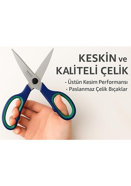 21.5 cm Paslanmaz Çelik Büyük Ofis Makası – Ergonomik Kauçuk Saplı, Yeşil-Lacivert Renkli, Ev & Büro Tipi Makas fırsatları